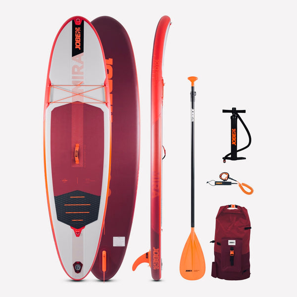 photo of everything that goes inside the box: Aero Duna SUP Board 11.6  Adjustable 3-piece fiberglass paddle  Waterproof backpack  Double action pump  and a 10ft coiled leash