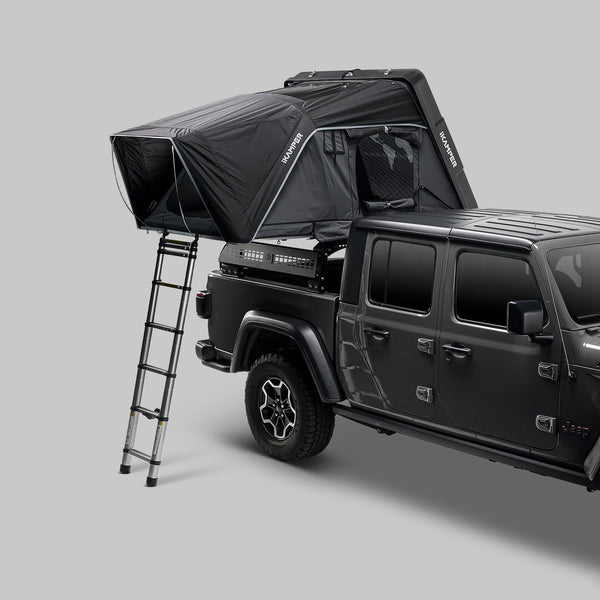 iKamper Skycamp 4.0 Duo open over a dual cab ute with ladder deployed, side view