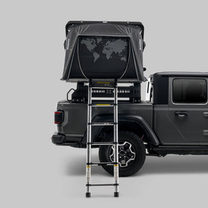 iKamper Skycamp 4.0 Duo rooftop tent open on a ute bed rack, rear view with telescopic ladder