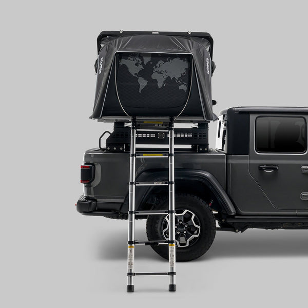 iKamper Skycamp 4.0 Duo rooftop tent open on a ute bed rack, rear view with telescopic ladder
