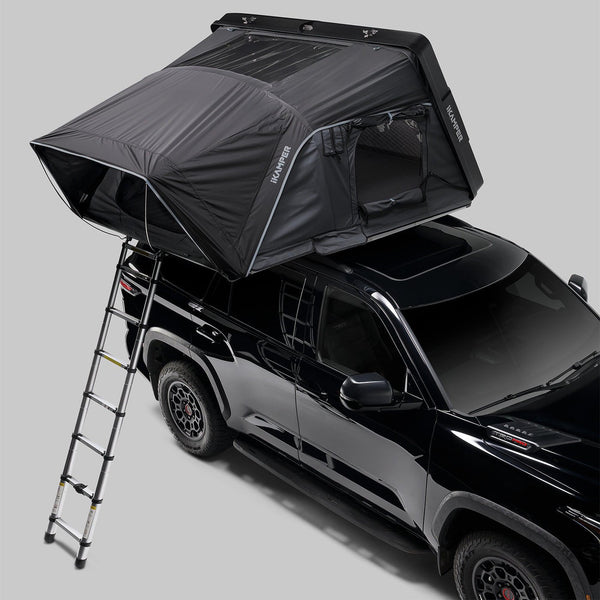 iKamper Skycamp 4.0 Quad open over the roof, elevated three-quarter view