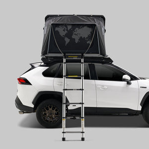 iKamper Skycamp 4.0 Trio rooftop tent open on a Toyota RAV4, side view with telescopic ladder