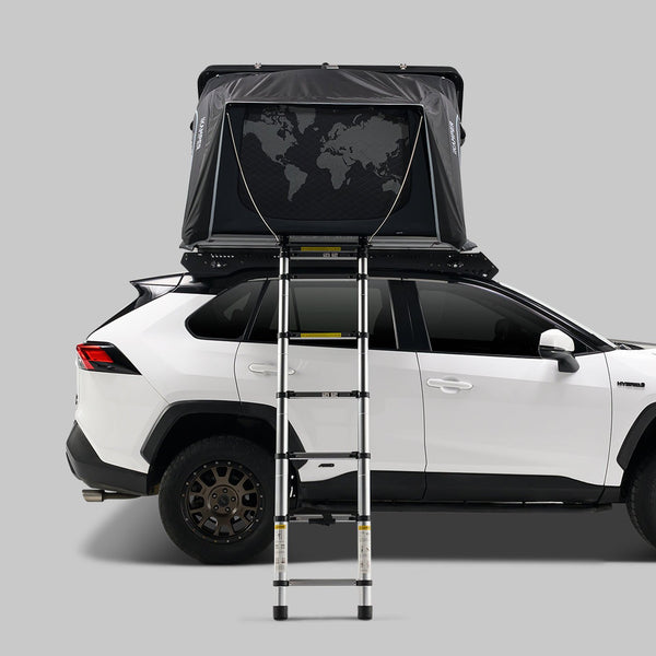 iKamper Skycamp 4.0 Trio rooftop tent open on a Toyota RAV4, side view with telescopic ladder