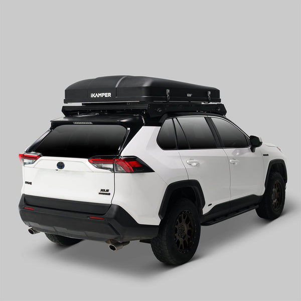 iKamper Skycamp 4.0 Trio closed on roof bars, rear three-quarter view