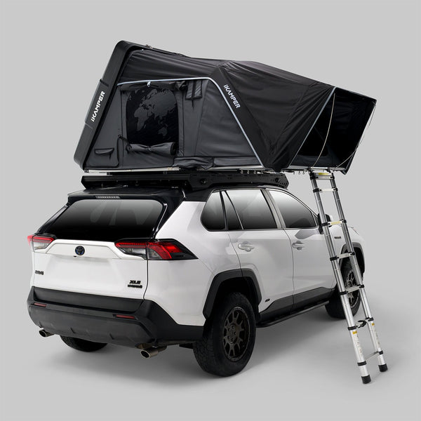 iKamper Skycamp 4.0 Trio set up on a mid-size SUV, rear three-quarter view