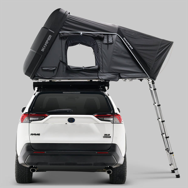iKamper Skycamp 4.0 Trio from behind showing the fold-out bed section and ladder