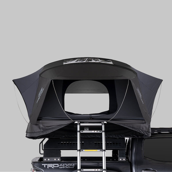 iKamper X-Cover 3.0 front entrance and ladder, open on a bed rack